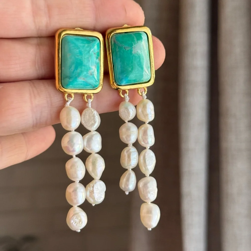 New MAYAMAR Turquoise And fresh water pearl Dangle Earrings - Picture 2 of 4